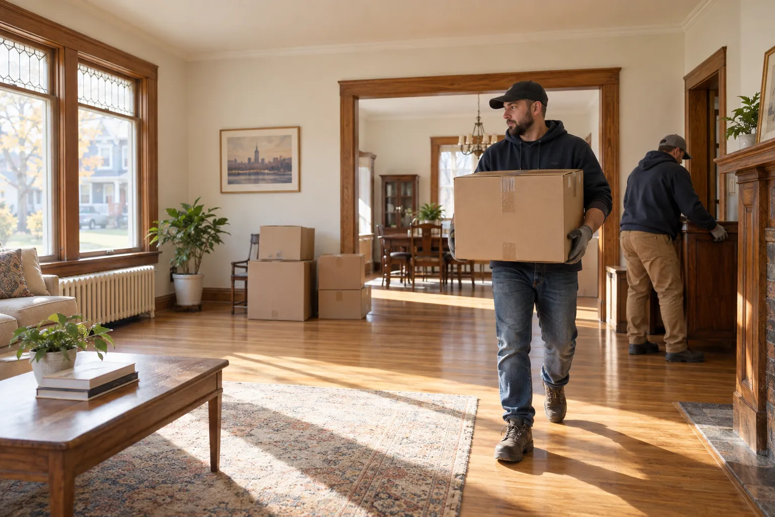 Cleanout workers carrying boxes through a Buffalo-area home