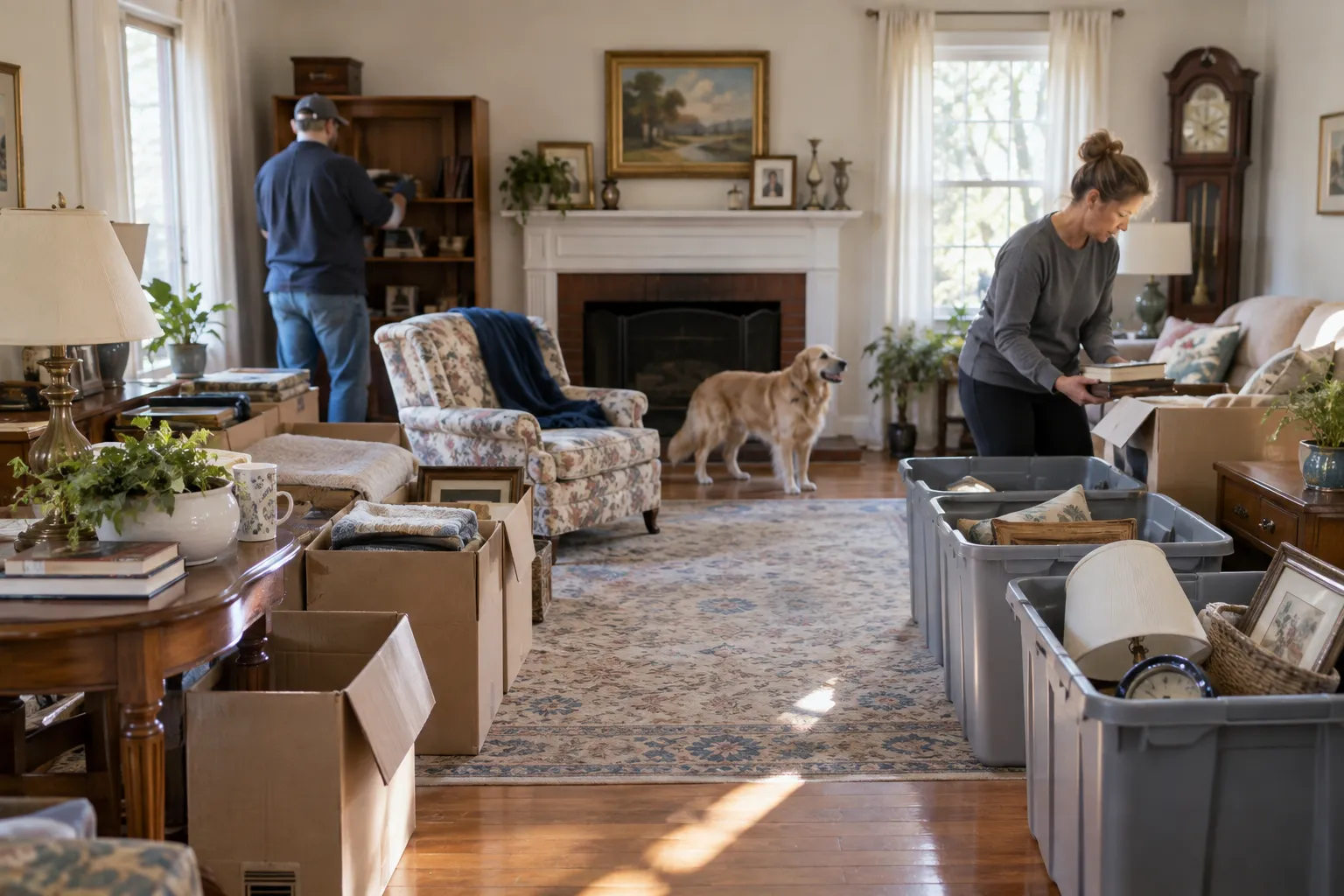 Household contents organized into clear sorting zones